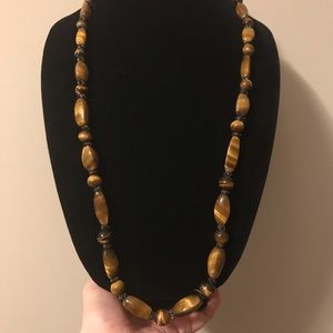 Long Tigers Eye Polished Stone Bead 31”L Necklace Hand Tied EVC